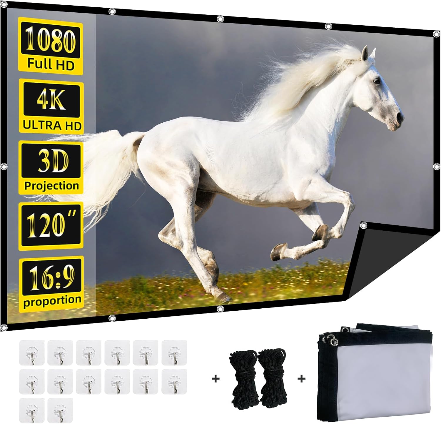XINLEMY foldable 120 inch projector screen front view displaying a bright 4K cinematic movie image