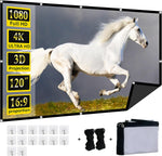 XINLEMY foldable 120 inch projector screen front view displaying a bright 4K cinematic movie image