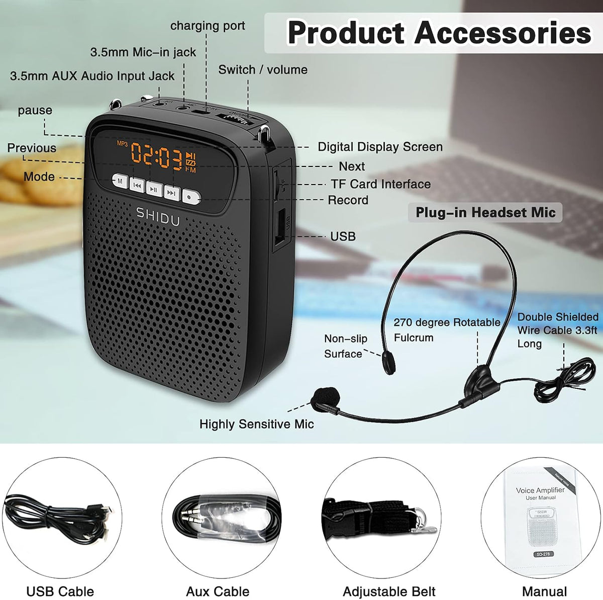 HW HAOWORKS voice amplifier packaging and included accessories layout