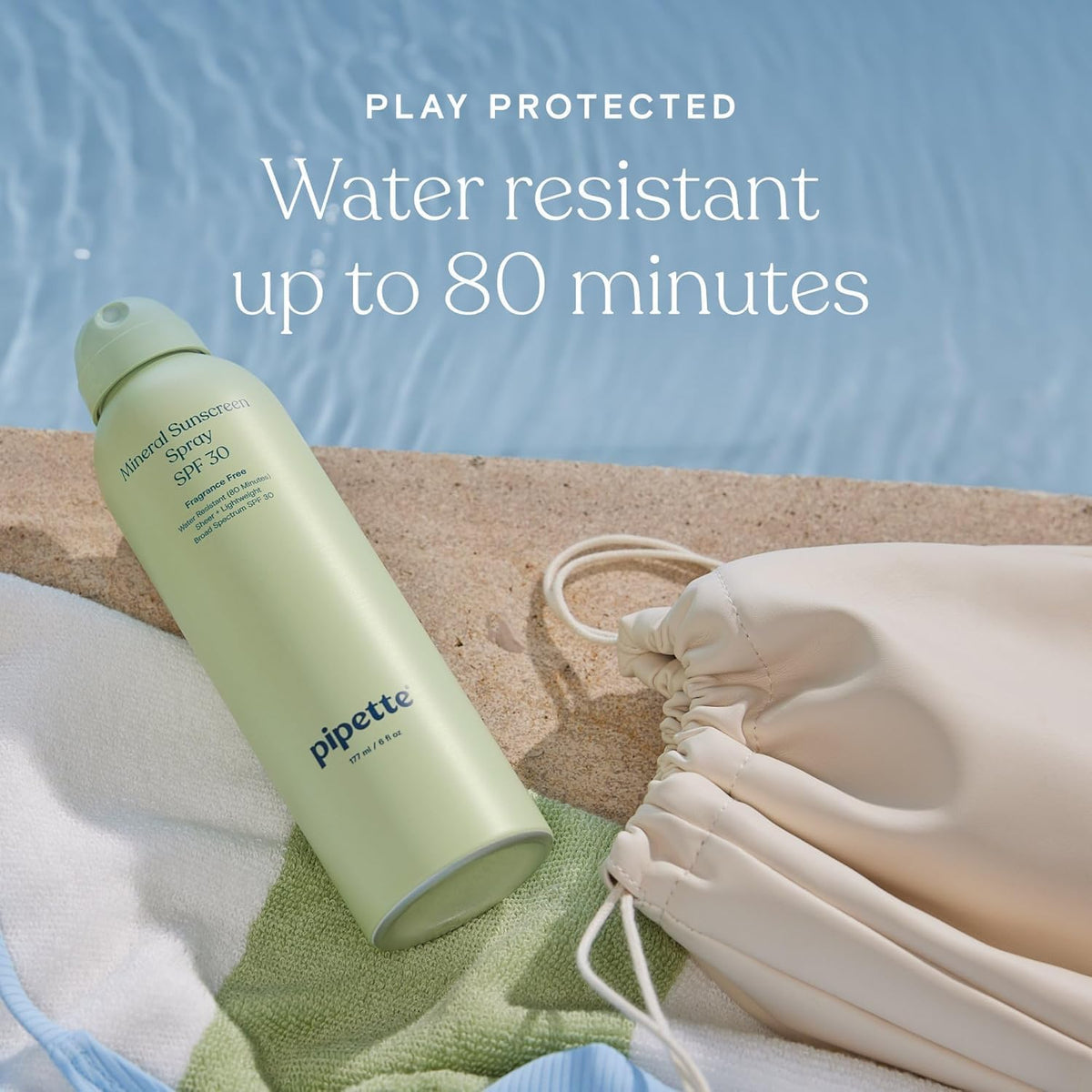 Pipette sunscreen spray showing active ingredients and size details
