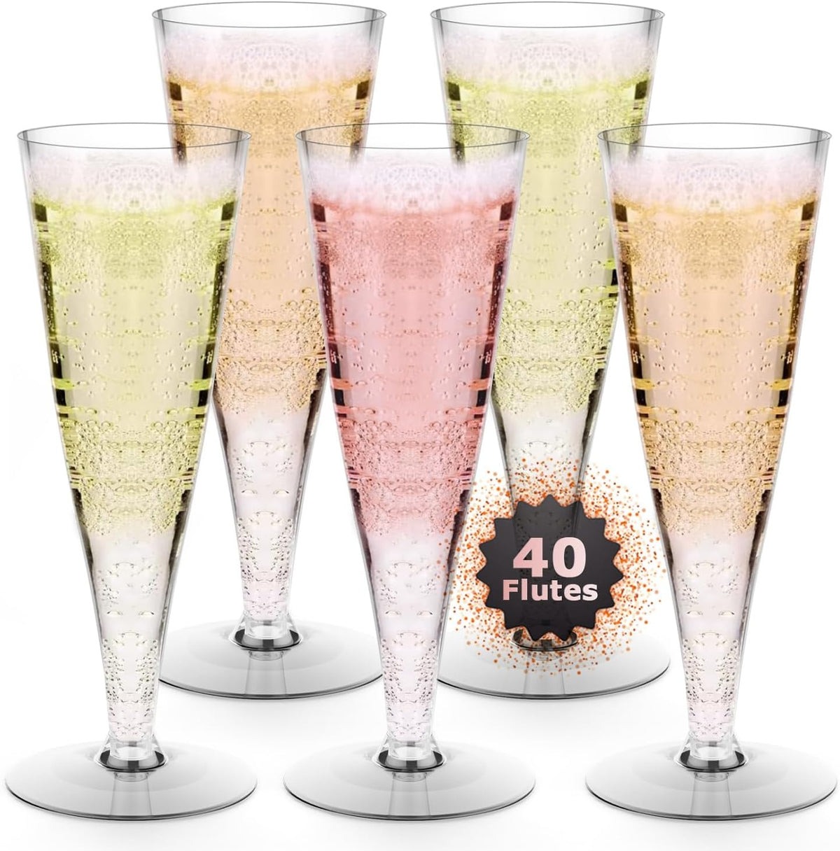 Lazyshine Plastic Champagne Flutes 40 pack front view for wedding toast.