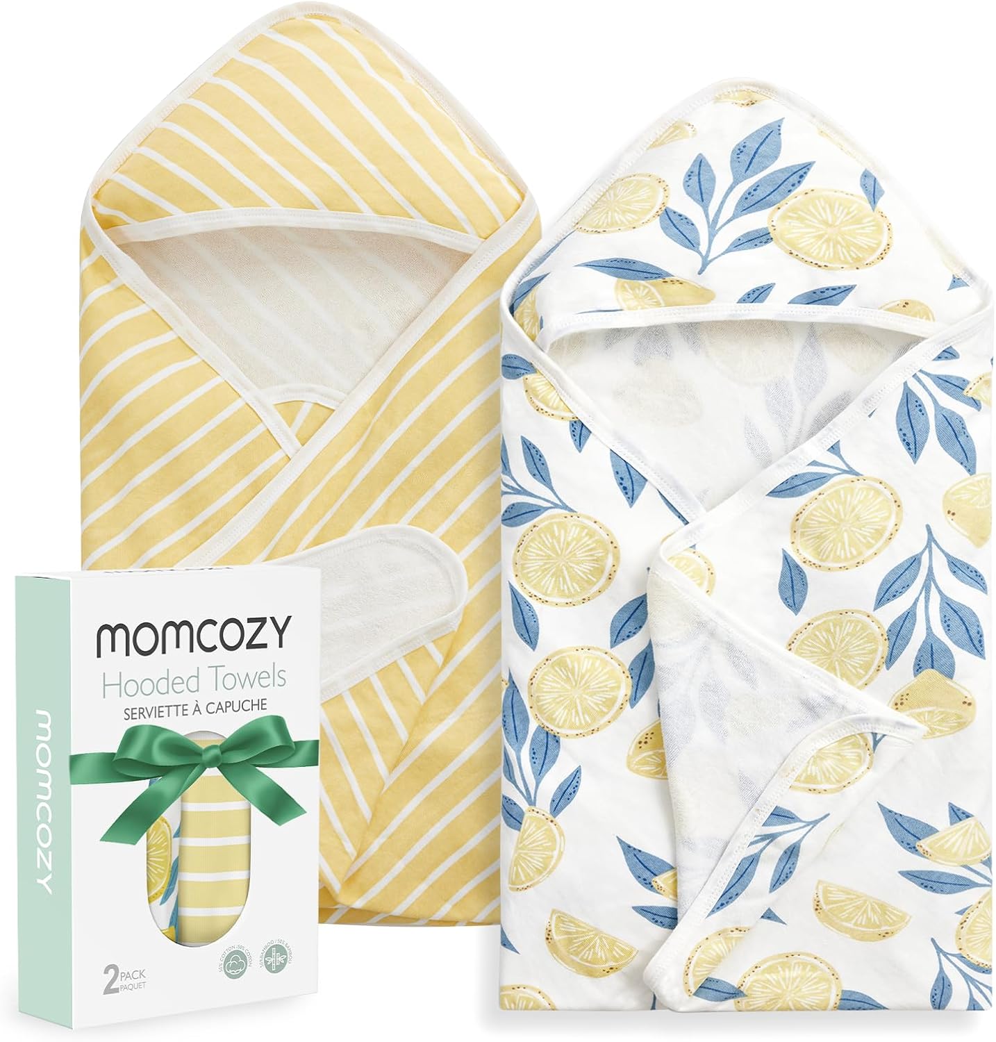Momcozy baby hooded towel set with lemon leaves pattern