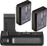 BM Premium battery grip kit showing vertical camera handle and two rechargeable batteries front view