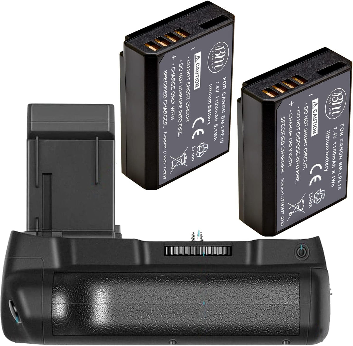 BM Premium battery grip kit showing vertical camera handle and two rechargeable batteries front view