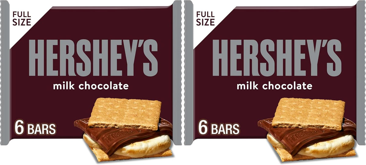 Stack of six individual Hershey's milk chocolate candy bars illustrating the full pack volume.