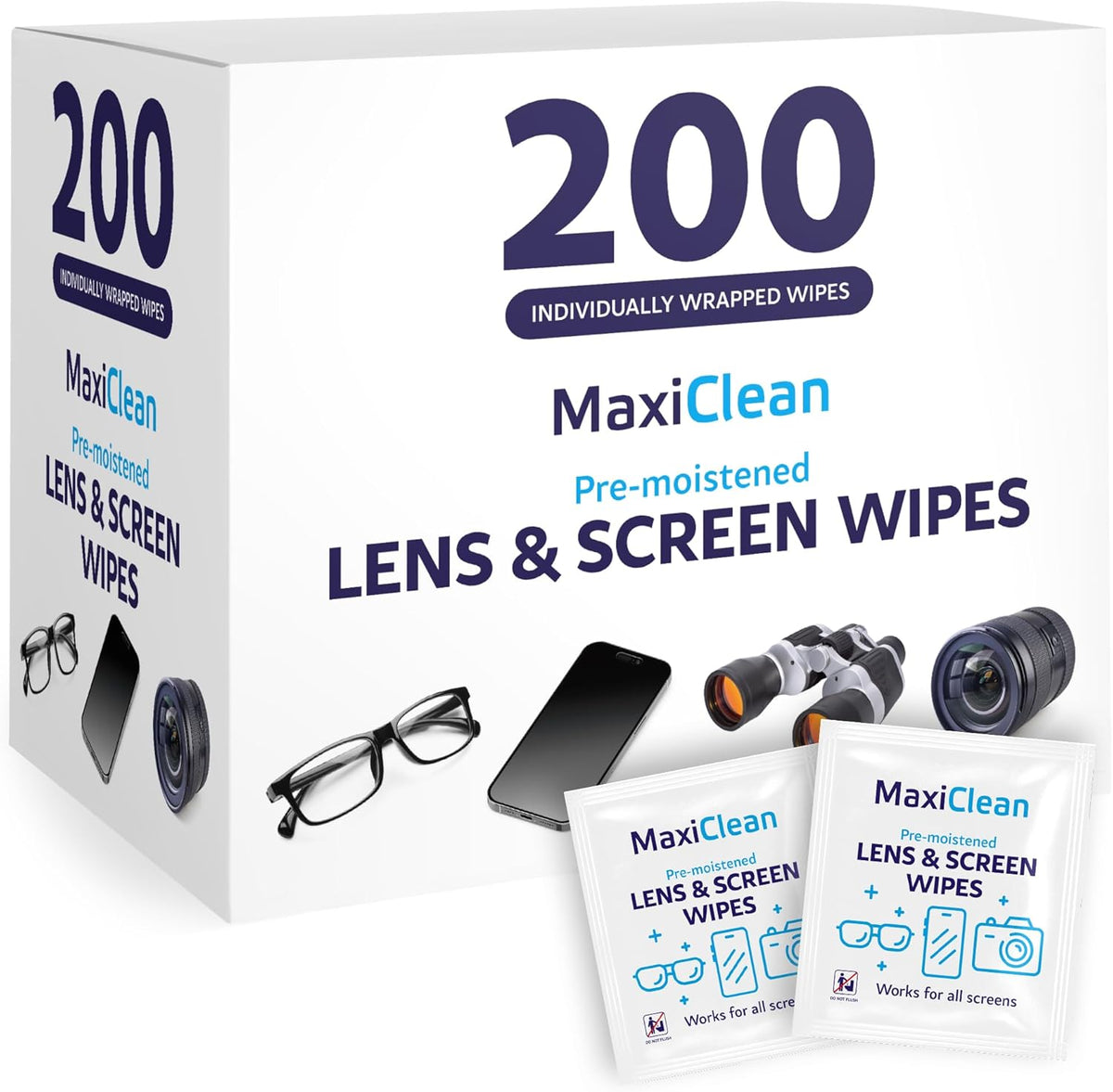Maxi Clean Pre Moistened Lens Wipes 200 Count packaging front view showing individually wrapped spectacle cleaner sachets.