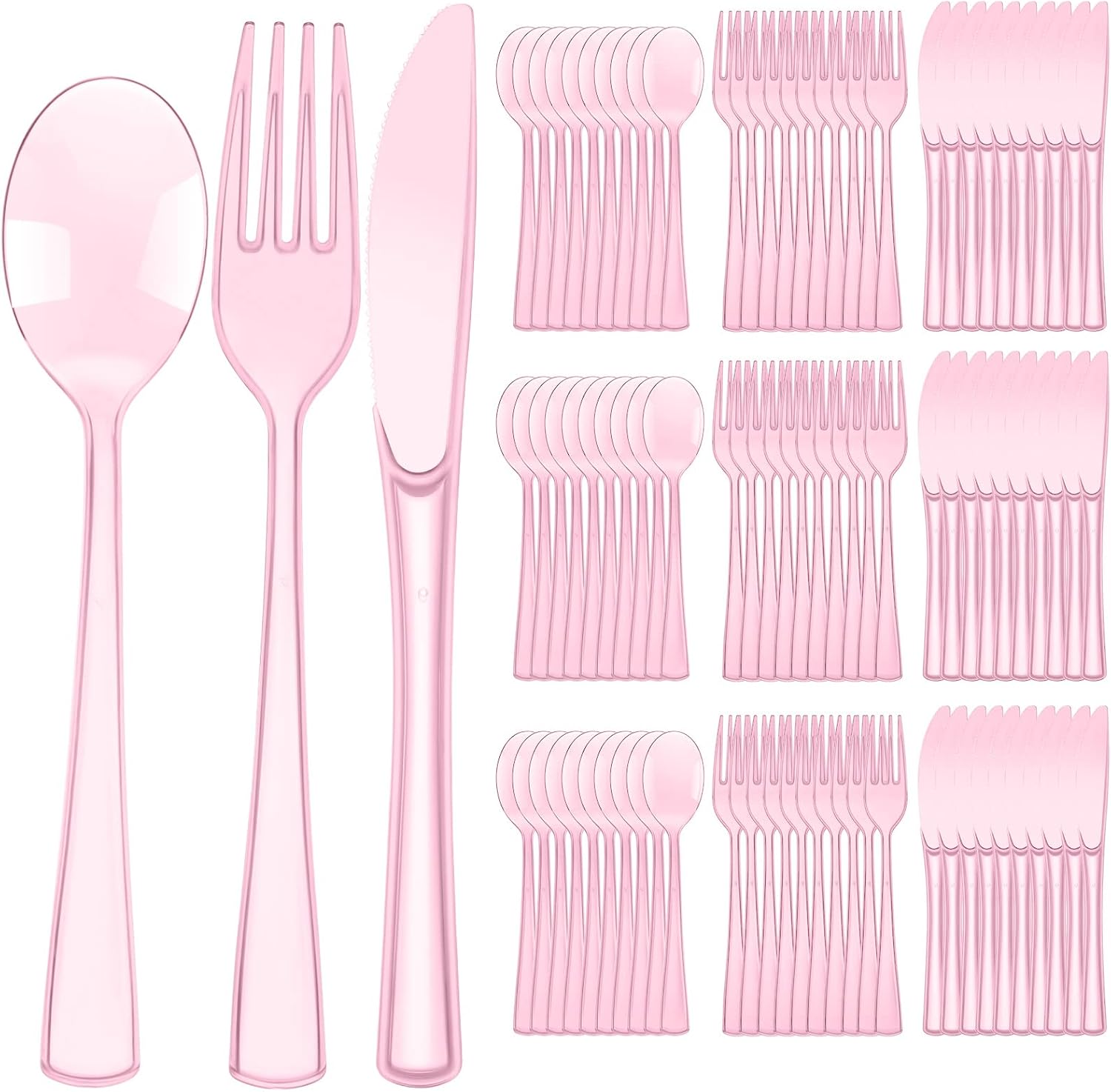 Minatee 150 pieces disposable cutlery set front view showing pink forks knives and spoons