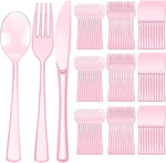 Minatee 150 pieces disposable cutlery set front view showing pink forks knives and spoons