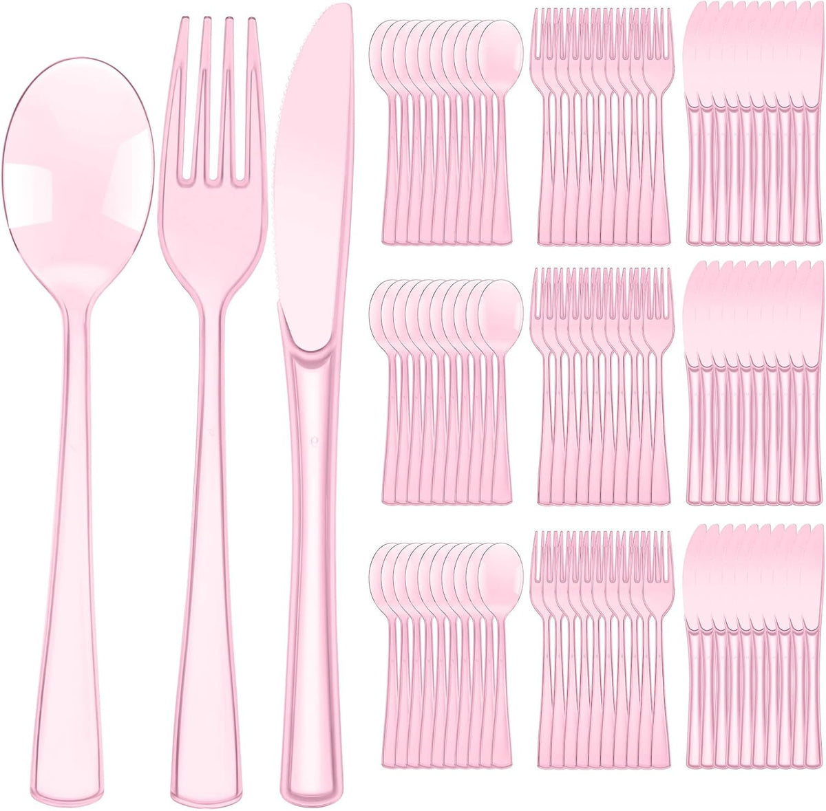 Minatee 150 pieces disposable cutlery set front view showing pink forks knives and spoons