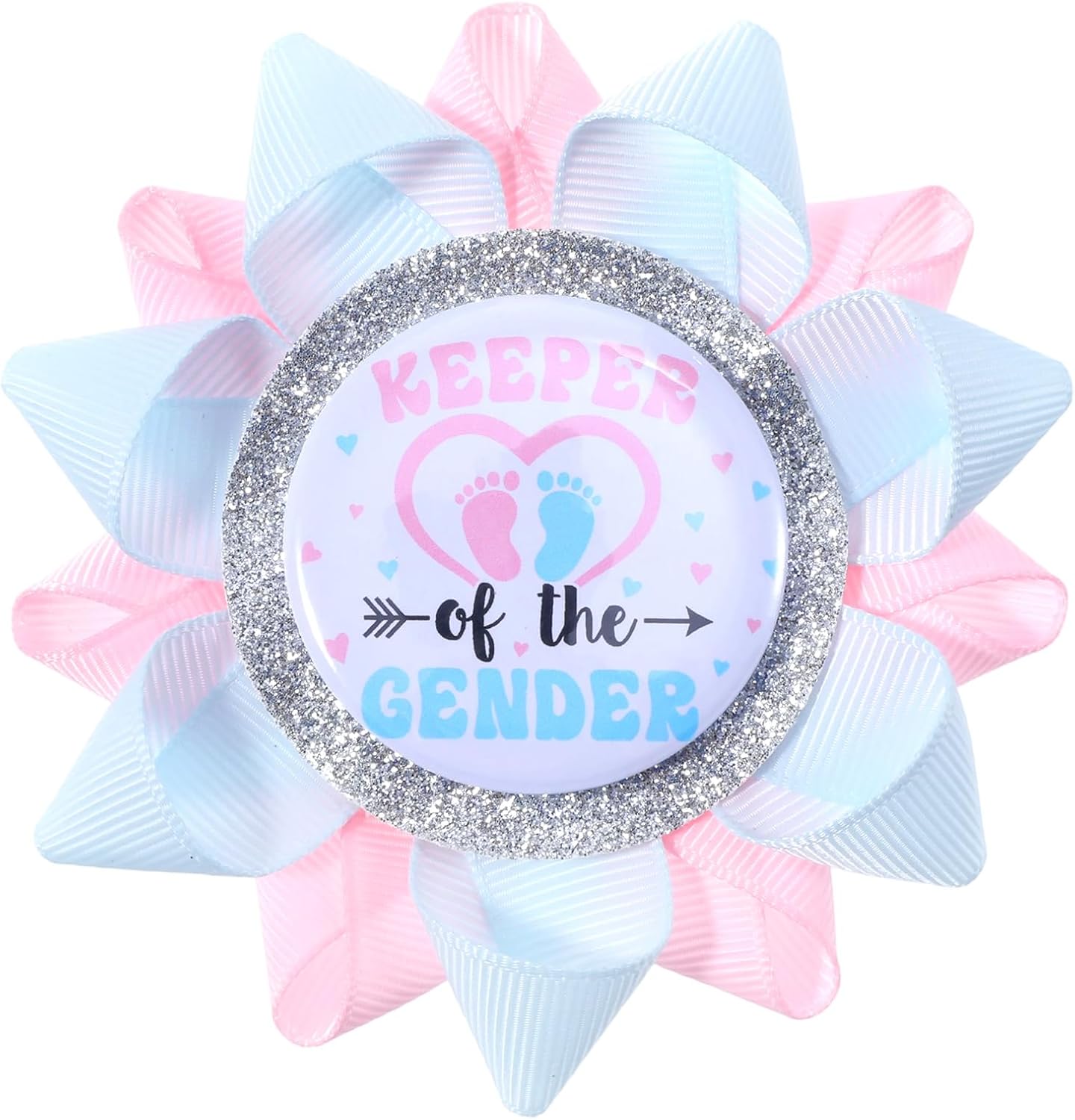 LXUEJIE Keeper of the Gender Pin front view showing pink and blue grosgrain ribbon with silver glitter border for baby shower celebrations.