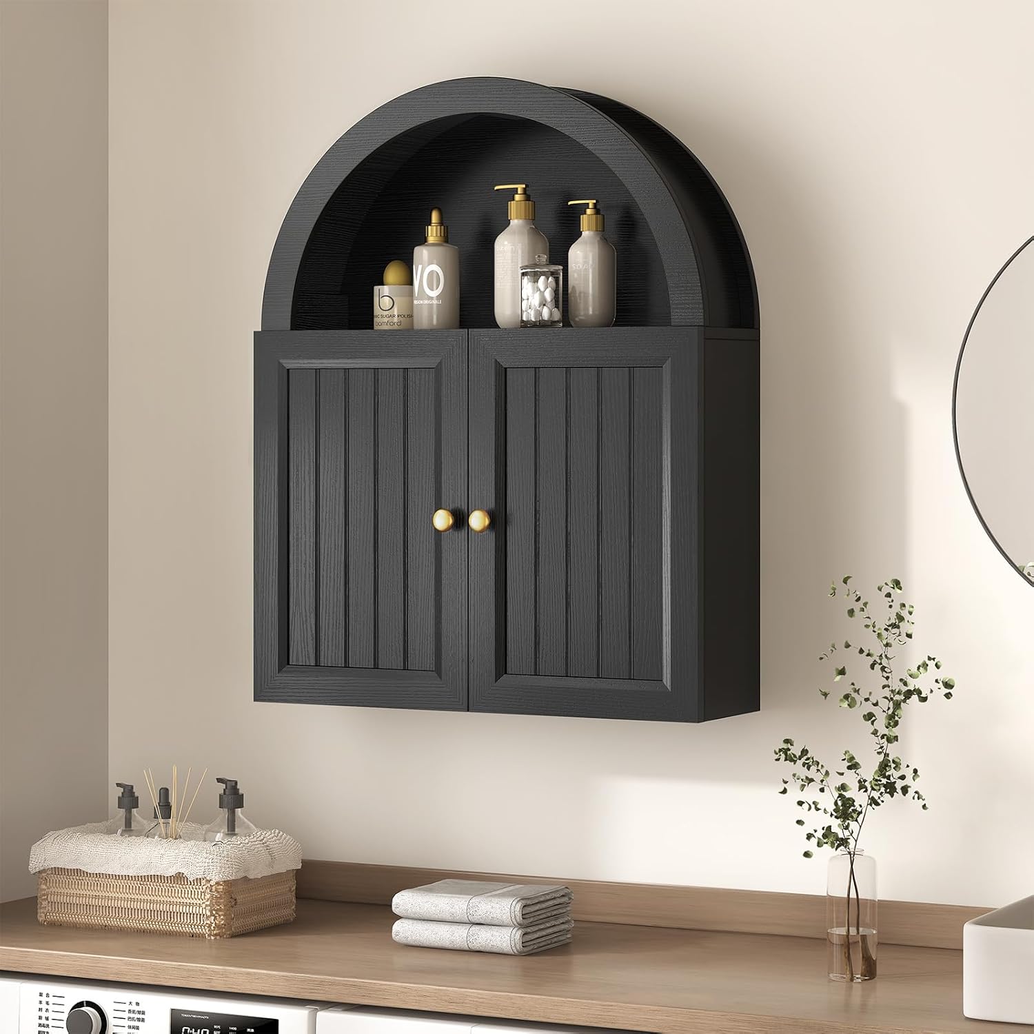 UPOSOJA arched bathroom wall cabinet front view showing black farmhouse grille door design.
