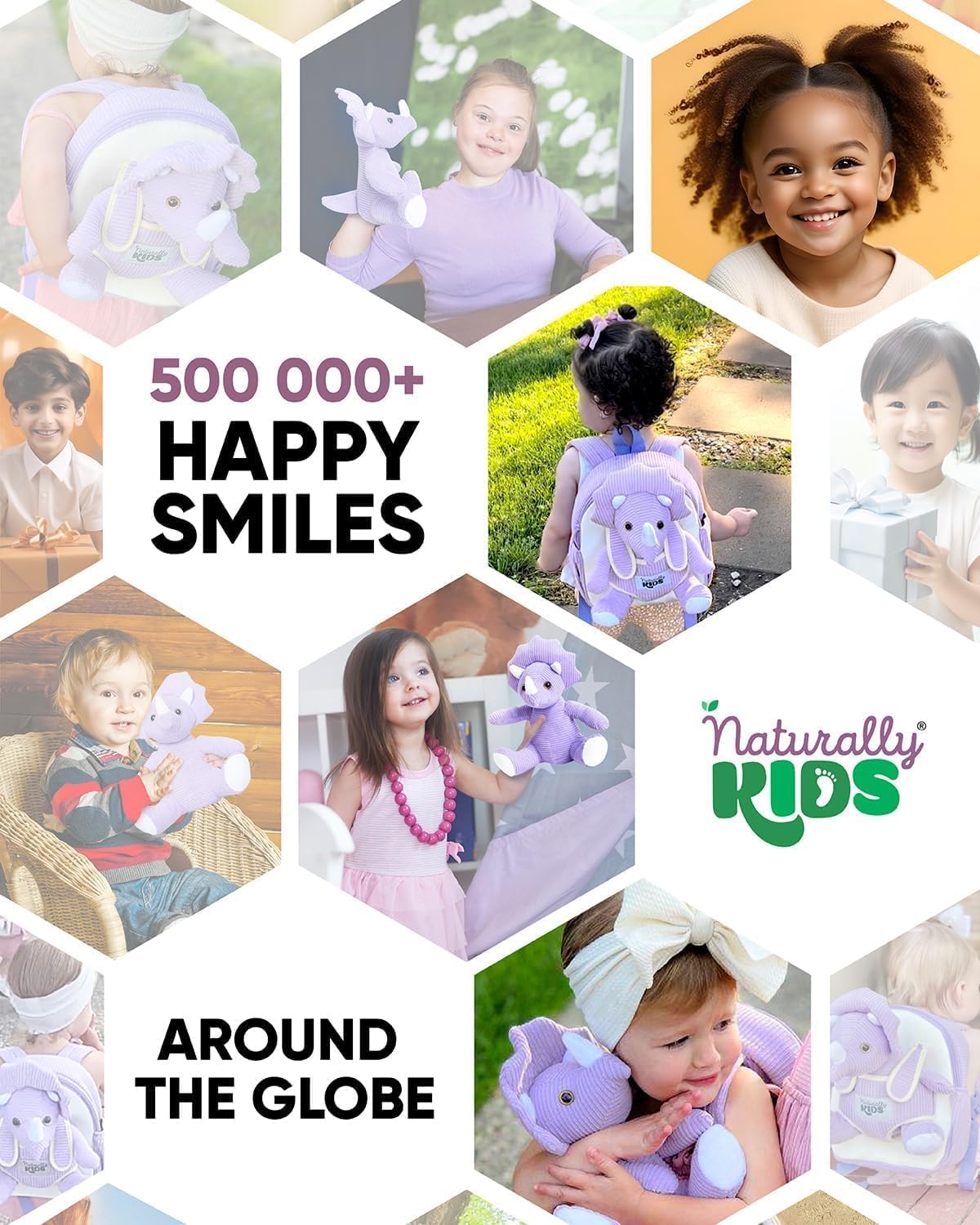 Naturally KIDS triceratops backpack lifestyle shot with child