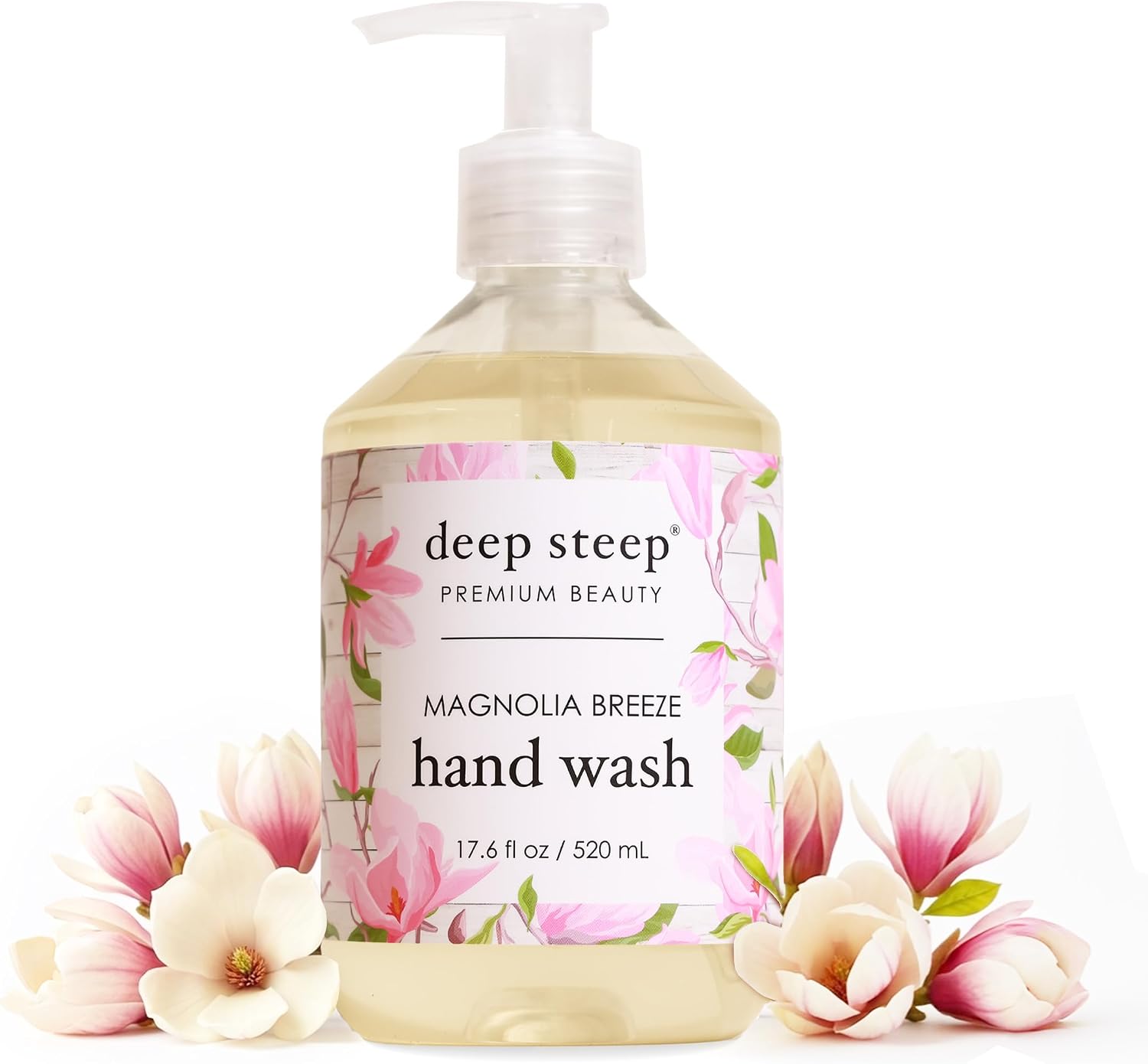 Deep Steep Liquid Hand Wash Magnolia Breeze front view transparent bottle