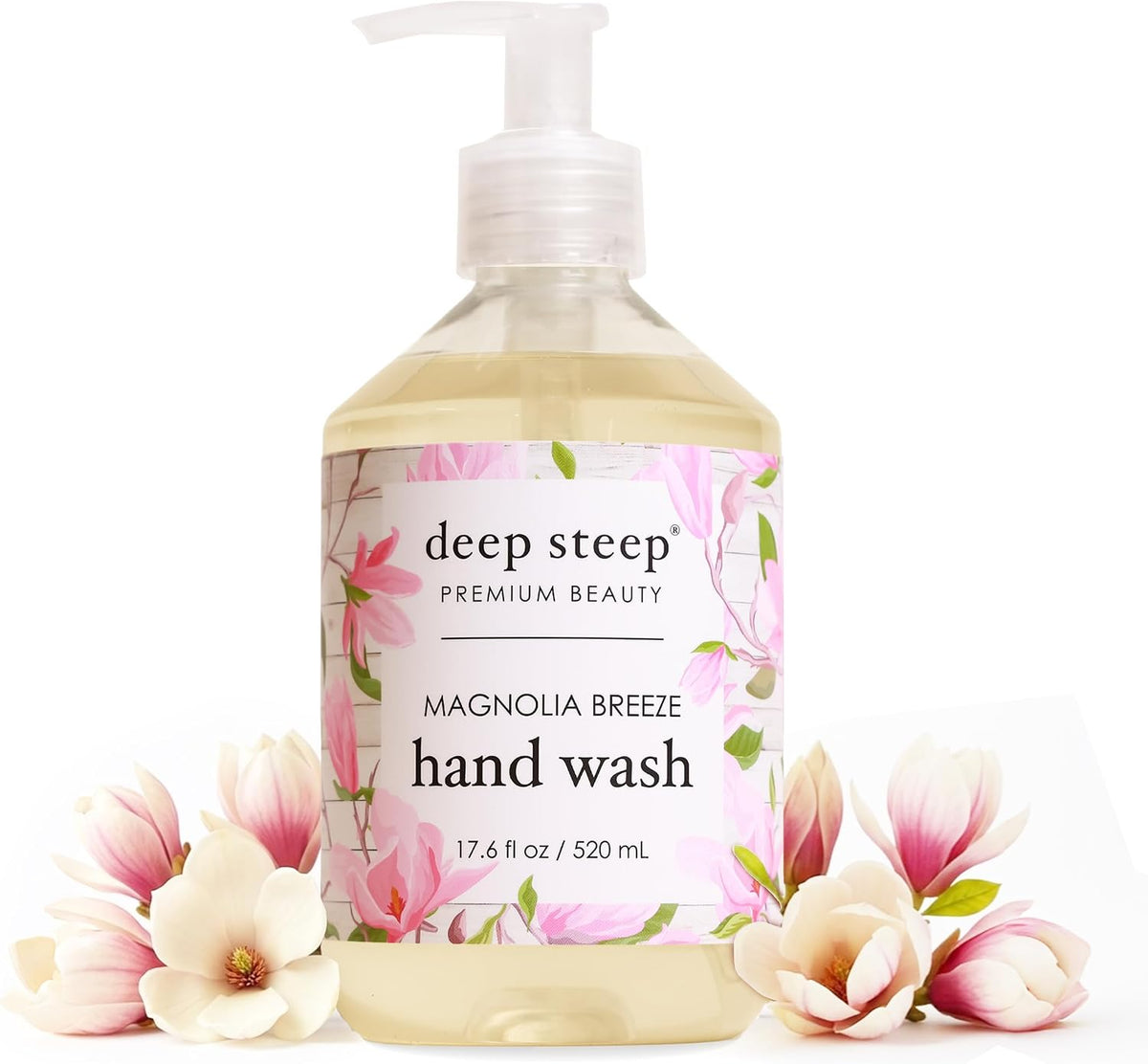 Deep Steep Liquid Hand Wash Magnolia Breeze front view transparent bottle