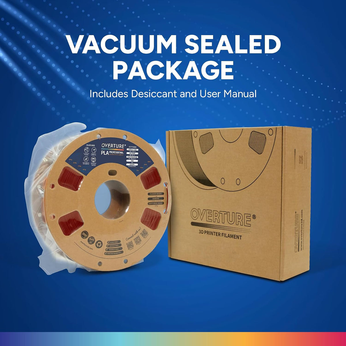 Overture filament box packaging showing specifications and barcode