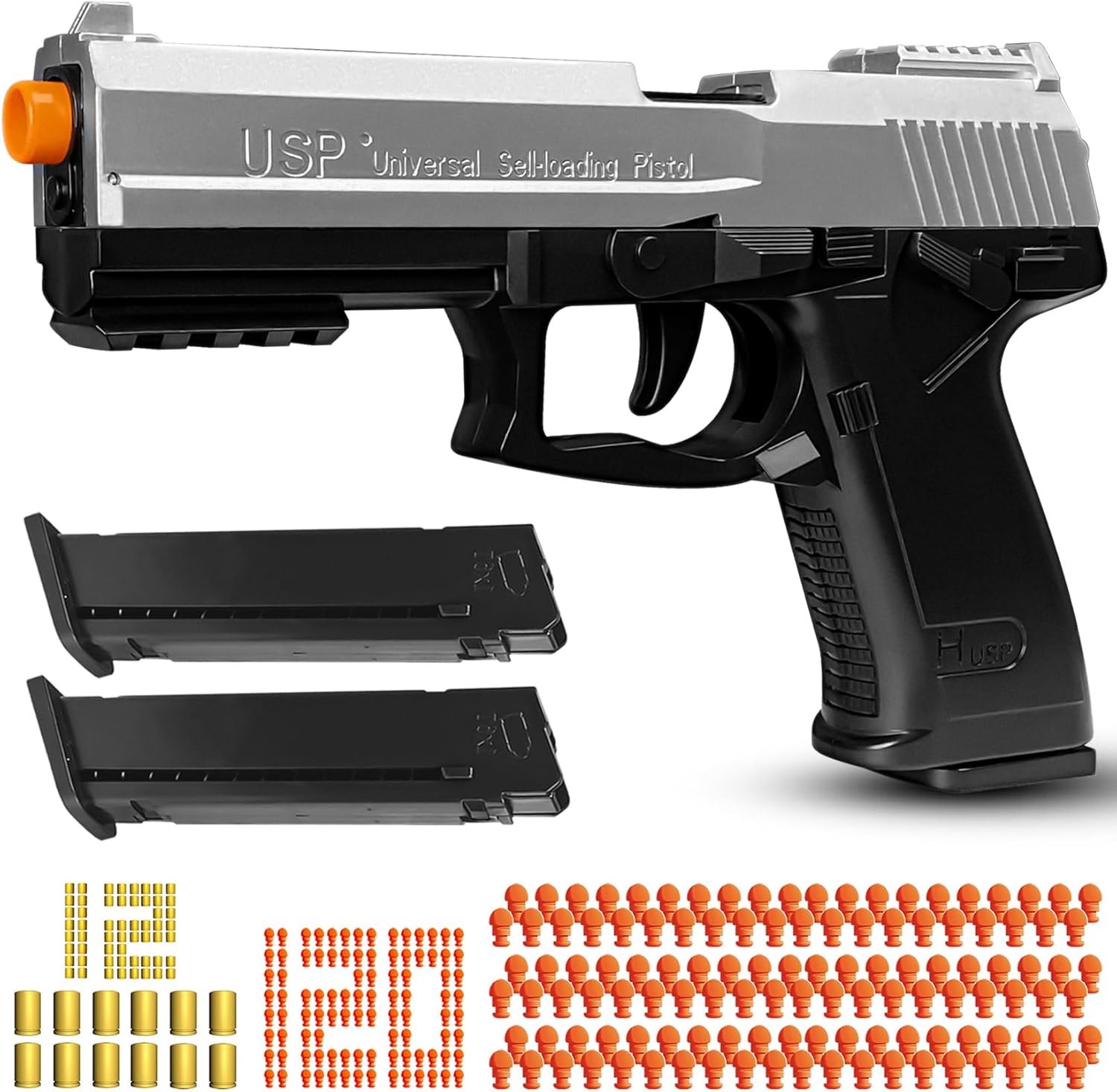 NUOLPIOM automatic shell ejecting toy gun front view showing silver slide and black grip