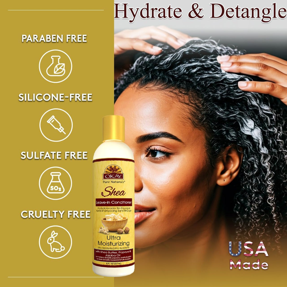 Okay leave-in conditioner back label showing ingredients and directions