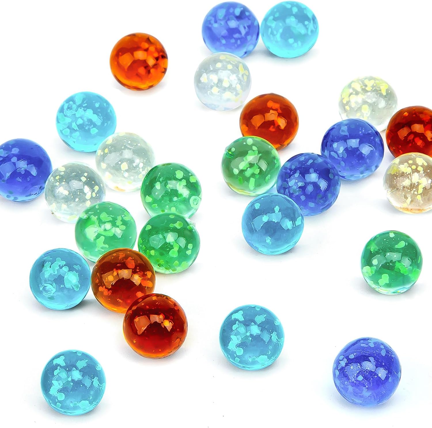 SallyFashion Glow in the Dark Marbles front display box view showcasing colorful glass spheres