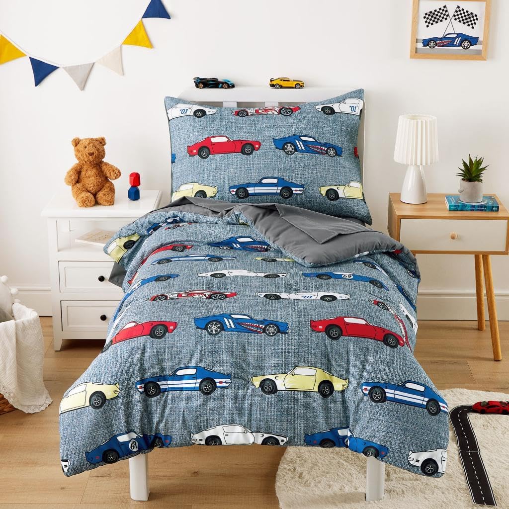 Wake In Cloud race car toddler bedding set front view showcasing gray comforter with sports cars