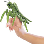 Folkmanis Mini Praying Mantis Finger Puppet front view showcasing realistic green plush details.
