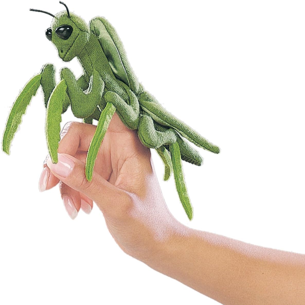 Folkmanis Mini Praying Mantis Finger Puppet front view showcasing realistic green plush details.