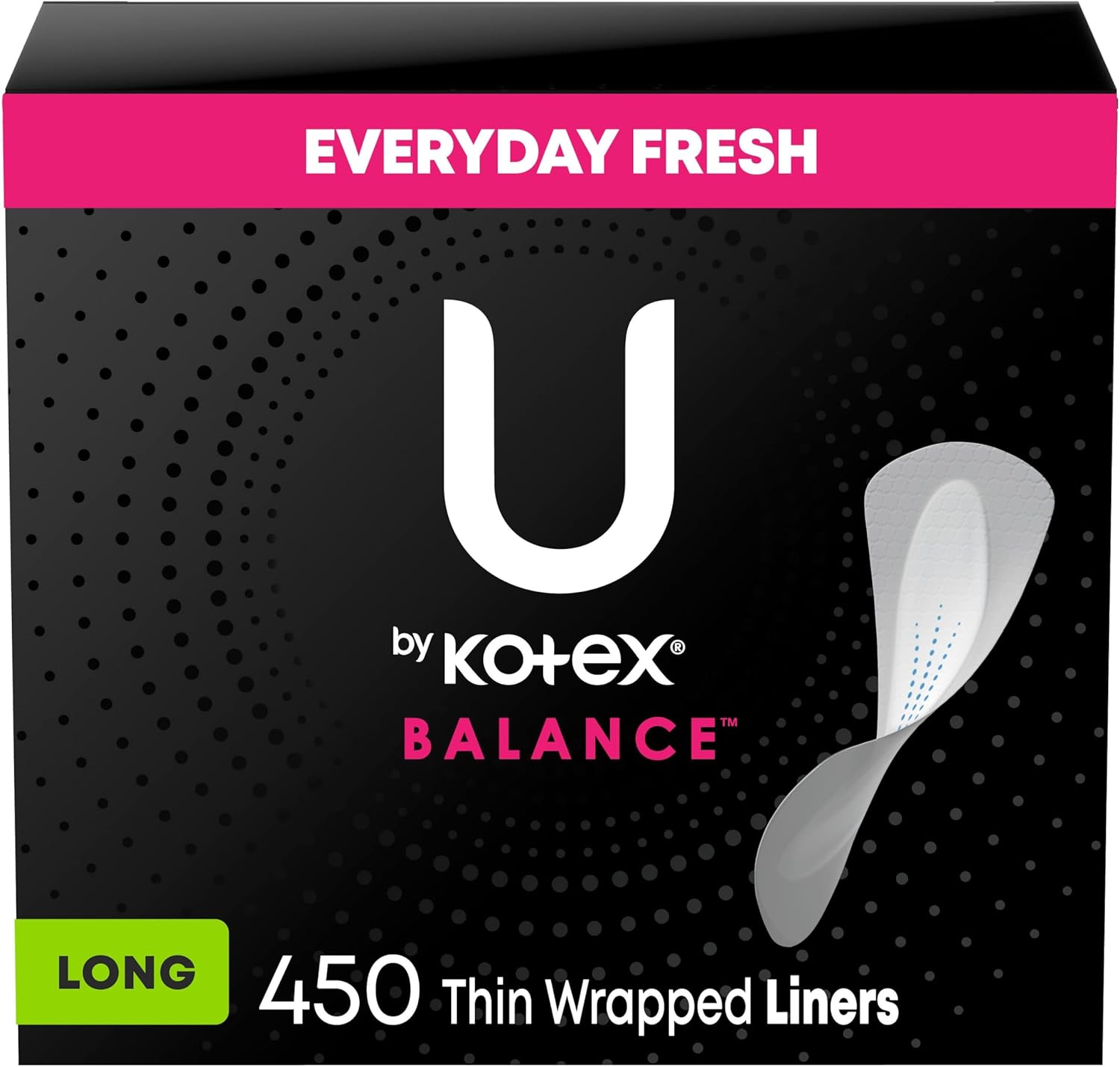 U by Kotex Balance Daily Wrapped Panty Liners, Light Absorbency, Long, 450 Count (5 Packs of 90) (Packaging May Vary) - Image 1
