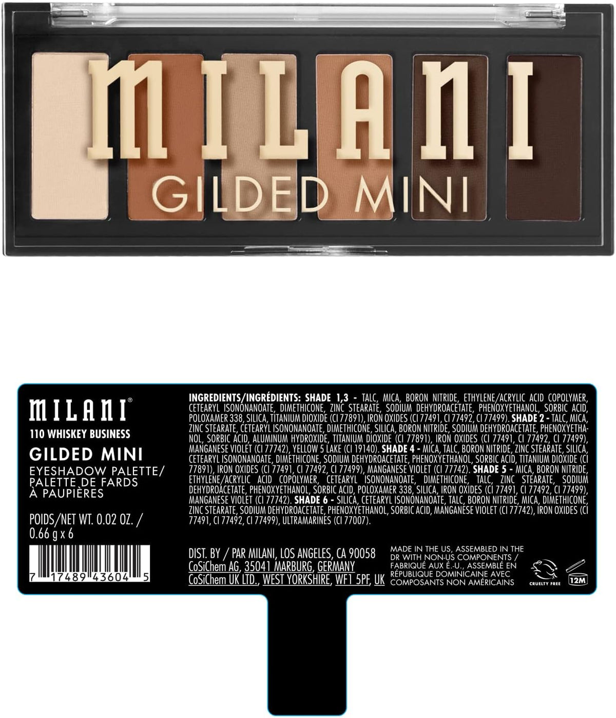 Milani Gilded Mini Eyeshadow Palette close up of matte and shimmer pressed pigment pans