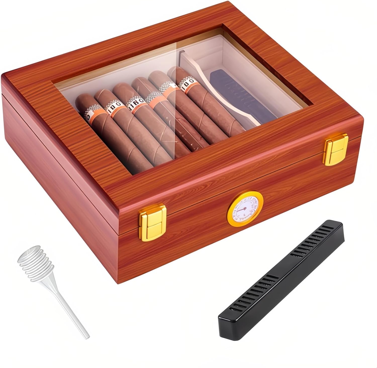 Desktop Cigar Humidor Box, Glass Top Cigar humidor with Hygrometer, Humidifier and Divider, Spanish Cedar Humidor, Wooden Cigar Box Holds 20-30 Cigars, Humidor Cigar Box for Men Gifts - Image 1