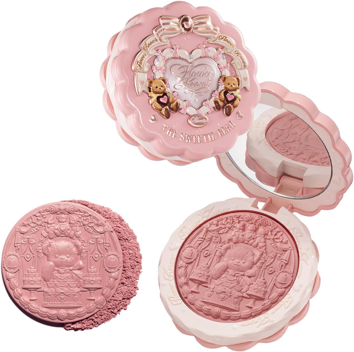 Flower Knows Sweetie Bear Silk Satin Blush 03 Rose Chanson compact open showing teddy bear embossment
