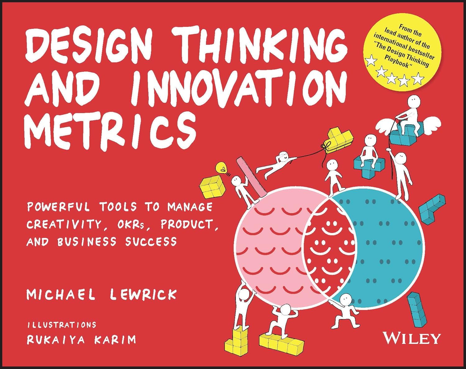 Wiley Design Thinking and Innovation Metrics paperback front cover featuring a red background and whimsical illustrations.