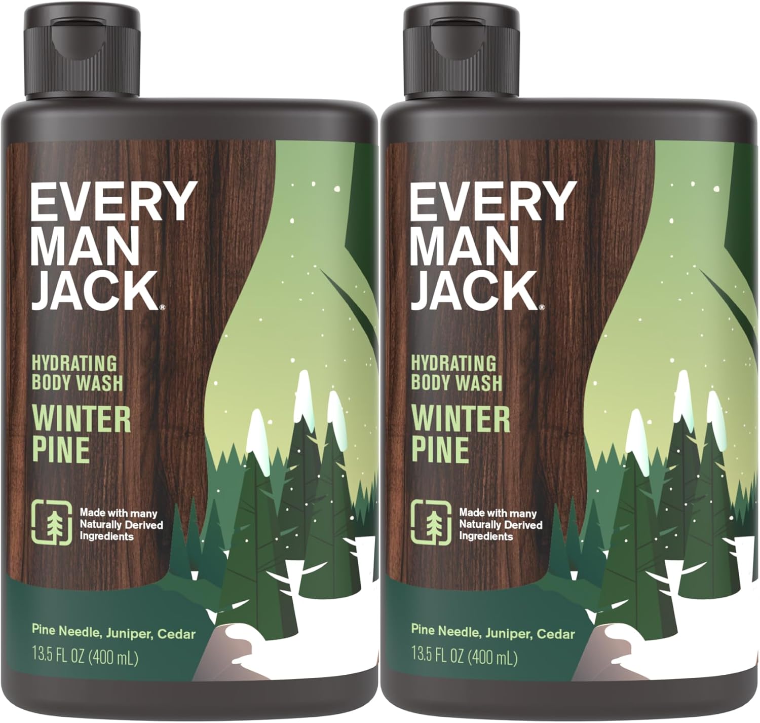 Every Man Jack Hydrating Body Wash Winter Pine front view of two pack bottles