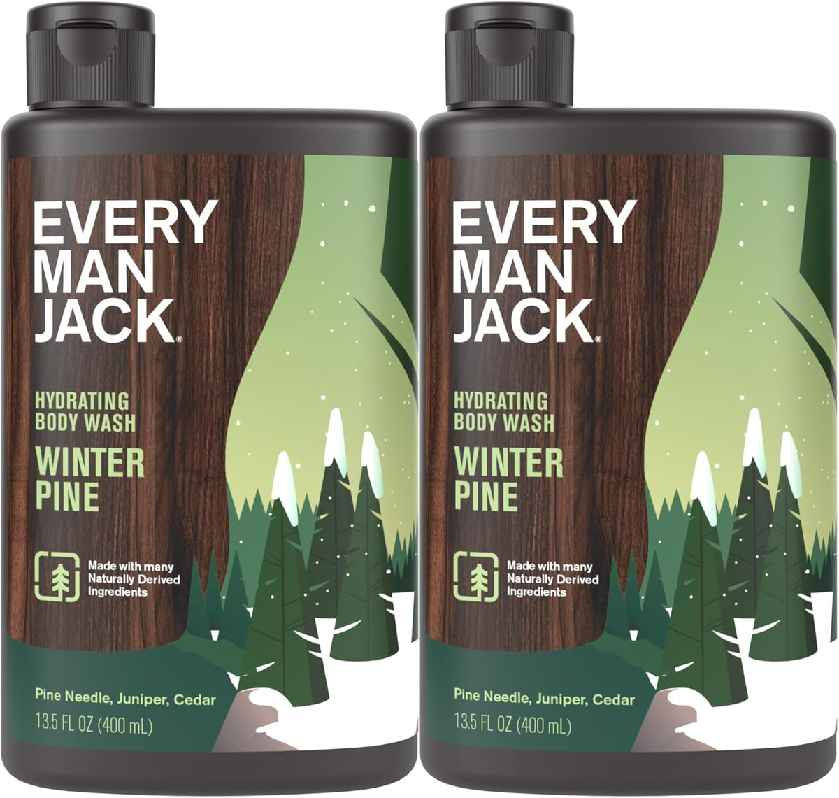 Every Man Jack Hydrating Body Wash Winter Pine front view of two pack bottles