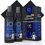 iO CLEAN Eyeglass Lens Cleaner kit front view showing two liquid spray bottles and microfiber cloths.