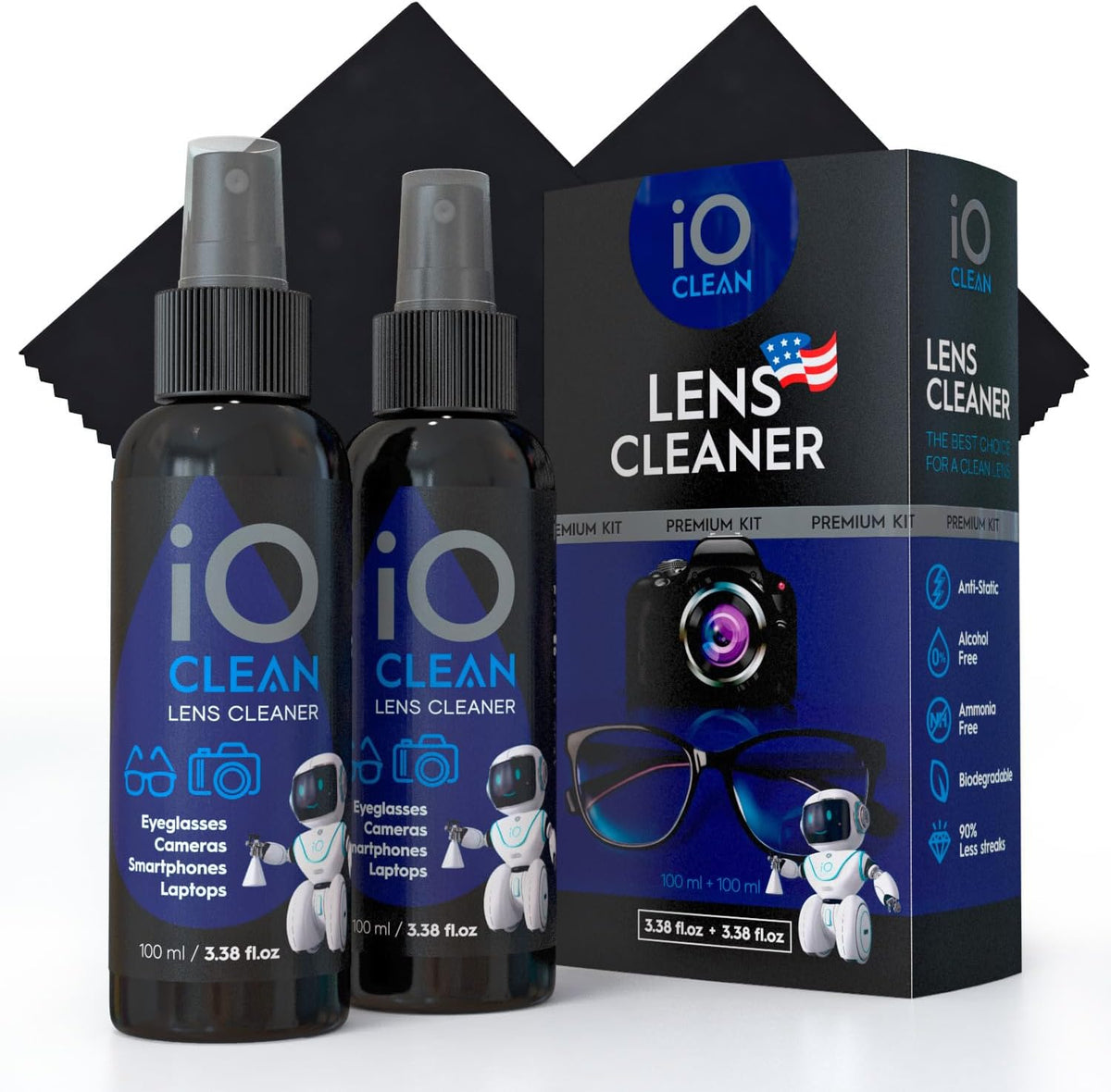 iO CLEAN Eyeglass Lens Cleaner kit front view showing two liquid spray bottles and microfiber cloths.