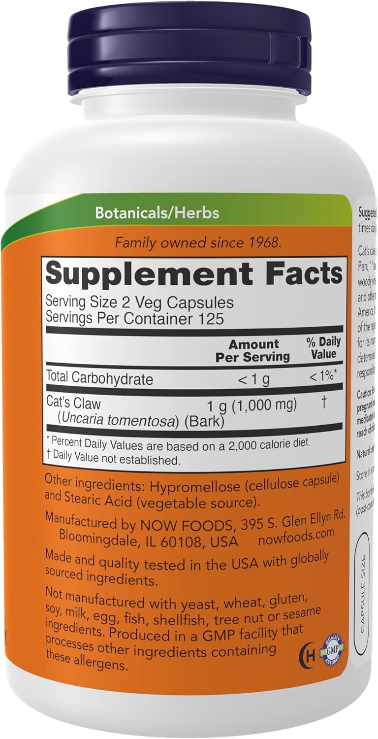 NOW Supplements Cat's Claw 250 vegetable capsules premium immune support