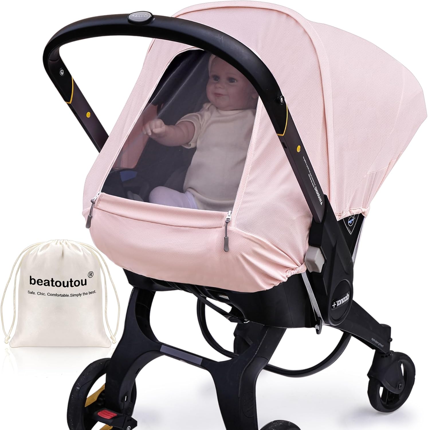 Beatoutou summer baby car seat cover in pink installed on a stroller front view