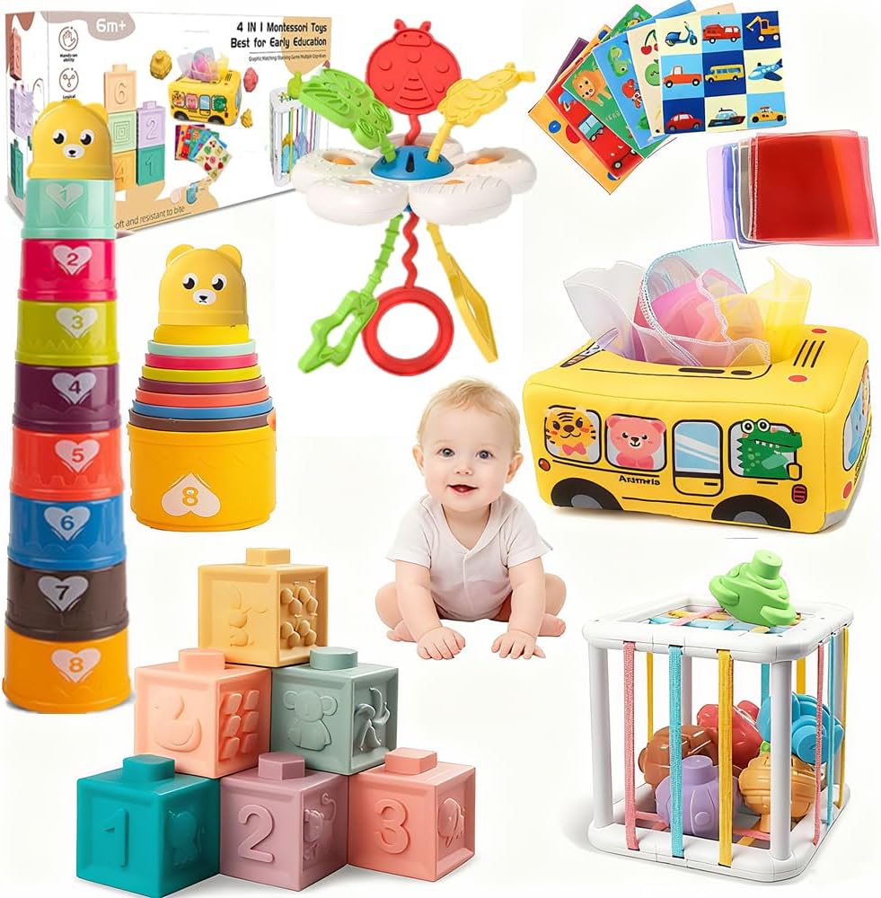 Etyat Montessori baby toys set front view featuring colorful silicone pull string teether and stacking cups