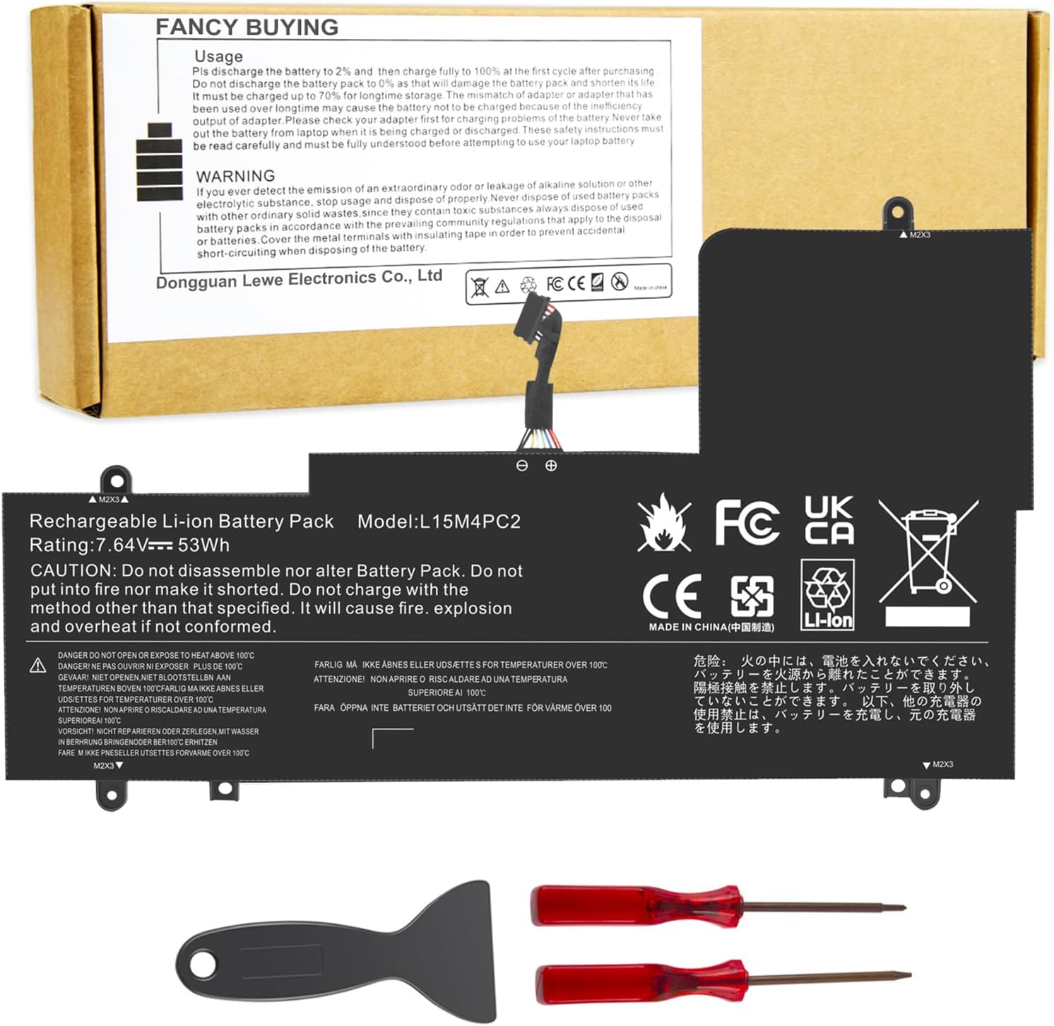 Fancy Buying L15L4PC2 laptop battery front view showcasing the internal connection cable and manufacturer labels.