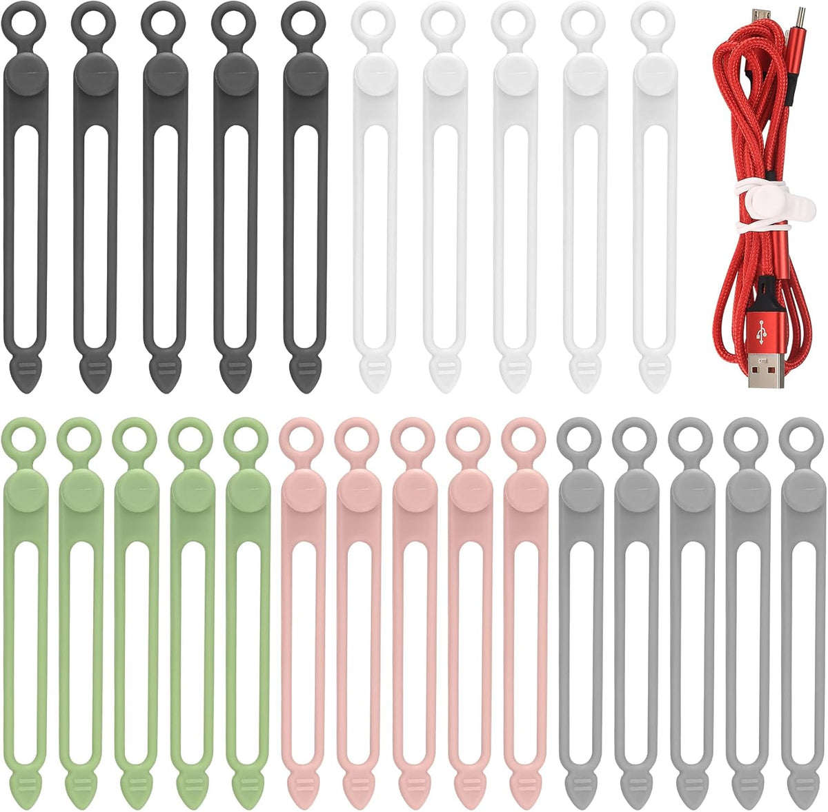 Ruglamzhip silicone cable ties 25 pack front view showing multiple colors for wire management.