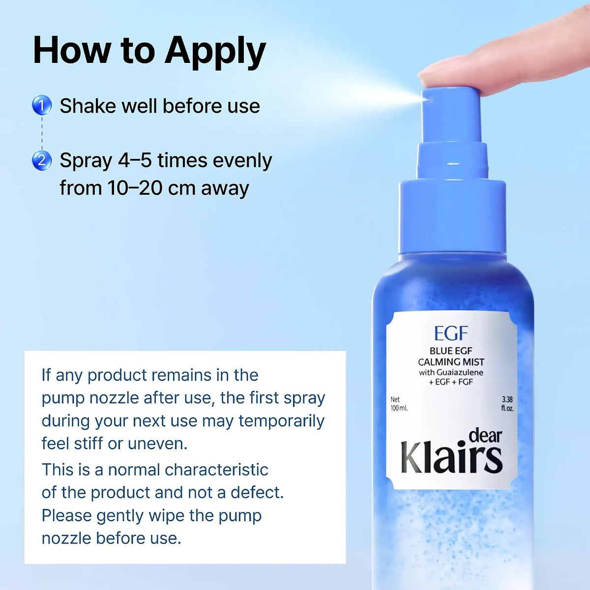 DearKlairs Blue EGF Cooling Mist, Bi-Phase Face Mist, EGF+Guaiazulene, Lightweight Non-Sticky Finish, Oily-Dehydrated & Sensitive Skin, Instant Cooling & Soothing, Korean Skincare, 3.38 fl oz - Image 9