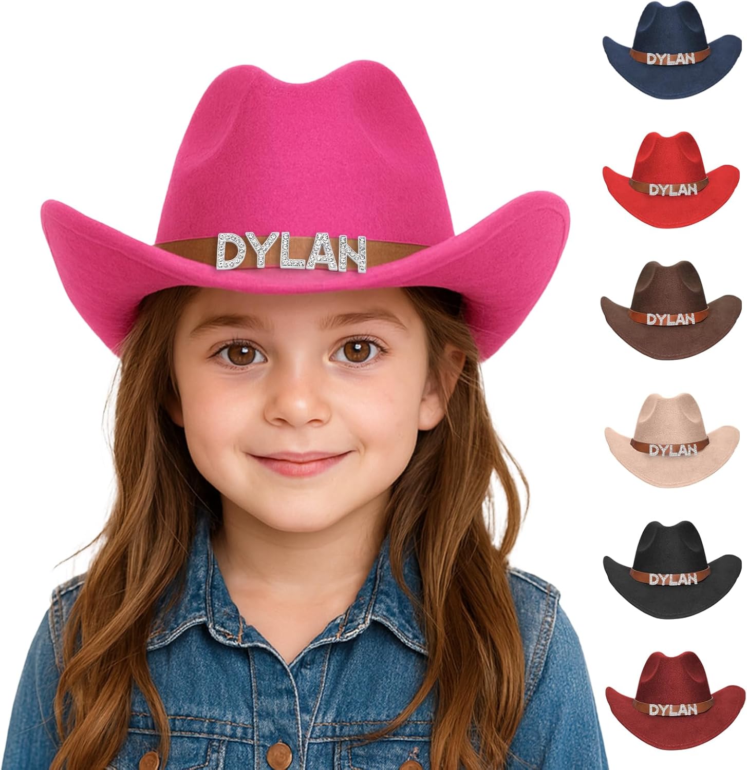 Feraurae personalized toddler cowgirl hat front view with rhinestone nameplate