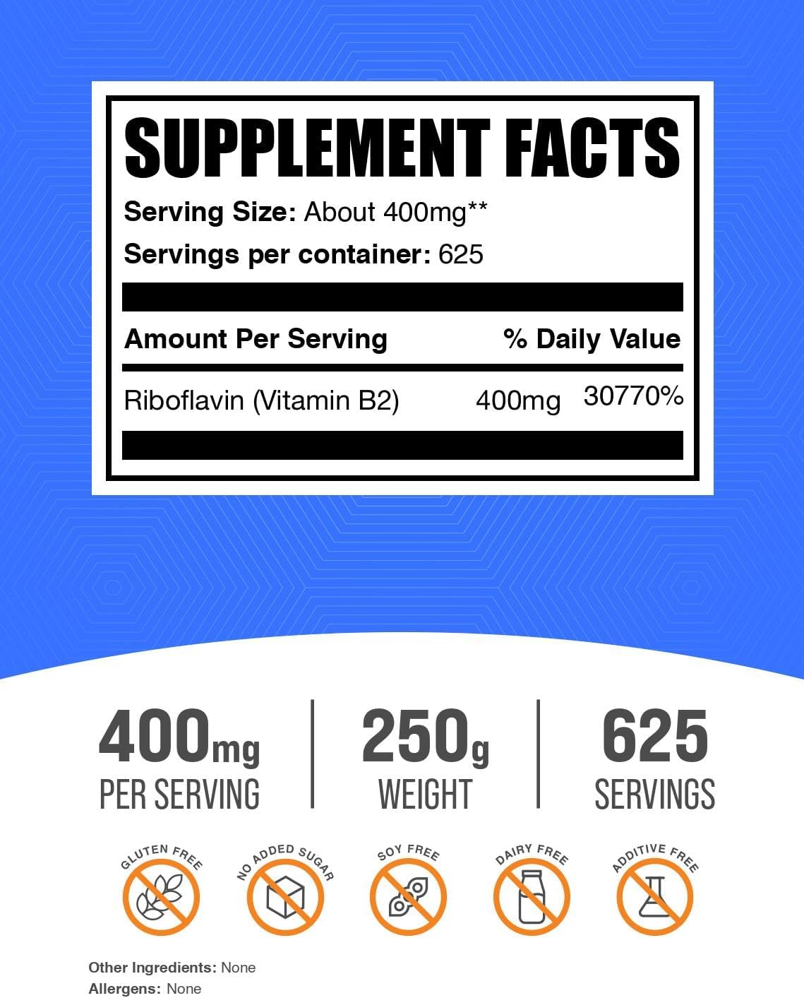 BulkSupplements Vitamin B2 powder label details and dosage information