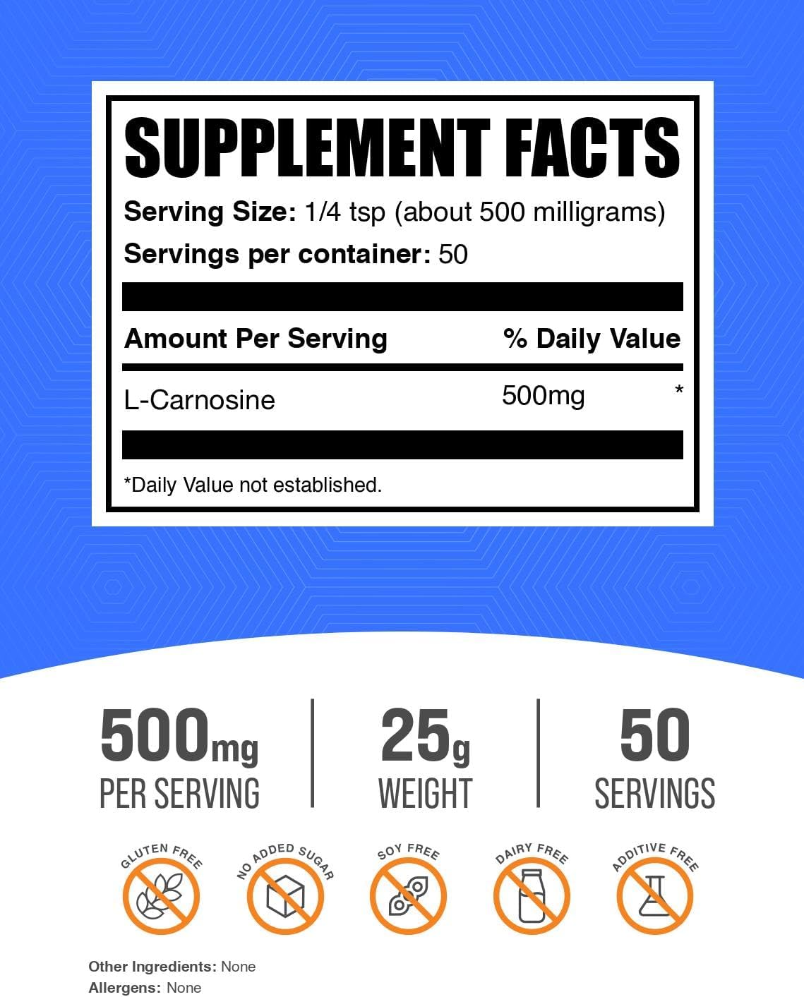 BulkSupplements L-Carnosine 500mg nutritional supplement facts label