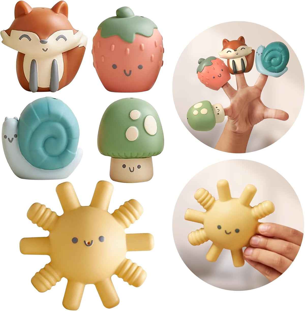 Itzy Ritzy Finger Puppet Bath Toy Set front view showing woodland characters and sun toy