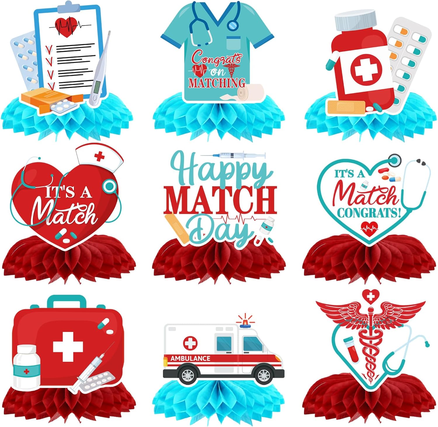 Rakuto Happy Match Day party decorations nine pieces front view featuring red and blue honeycomb medical table centerpieces.