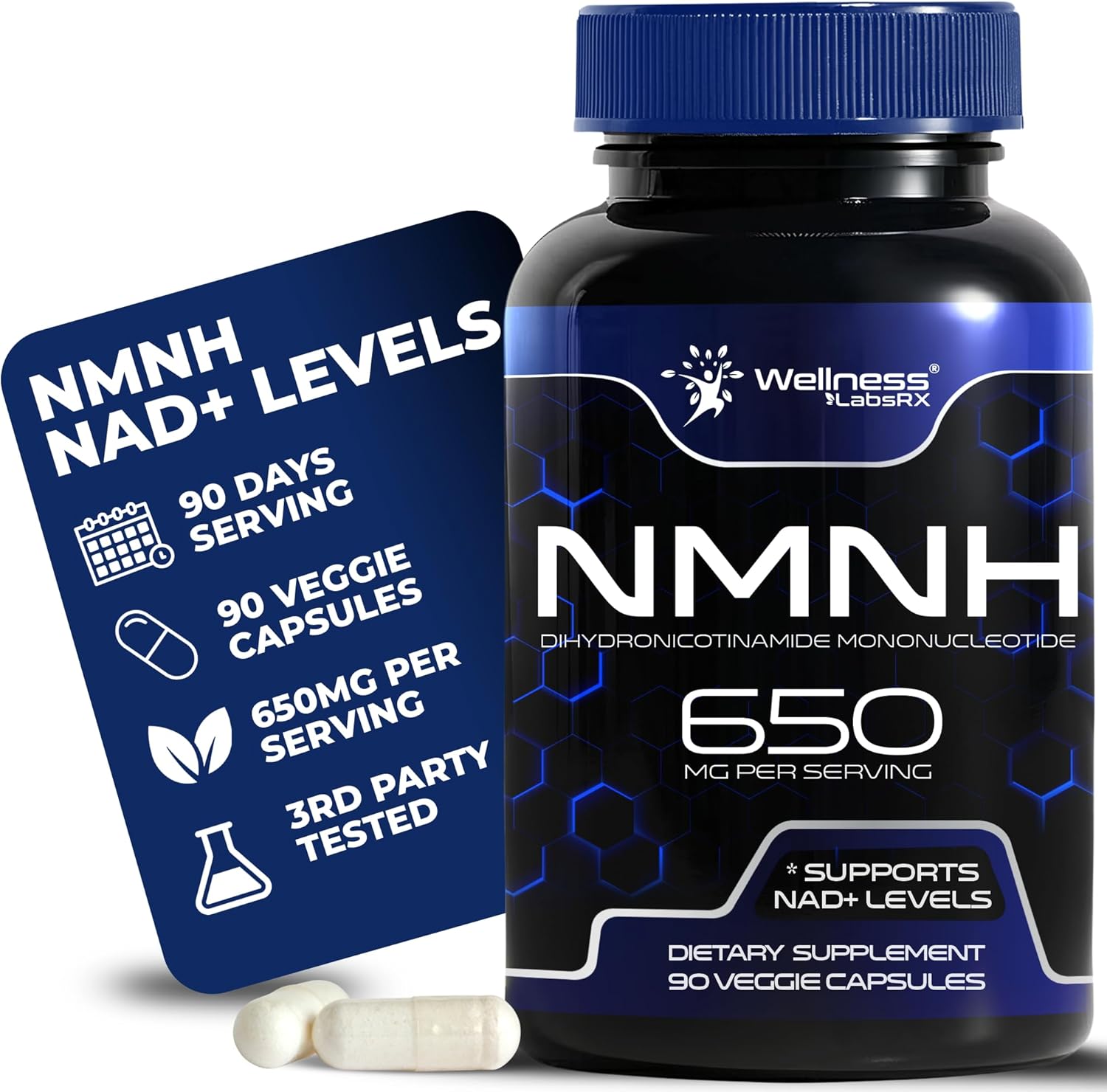 NMNH Supplements - Di-Hydro Nicotinamide Mononucleotide NMNH Capsules, Fast Absorption Ultra Strength NMN Supplement, NAD+ for Cellular Energy & Anti Aging, 650mg - Non-GMO, Gluten Free - 90 Capsules - Image 1