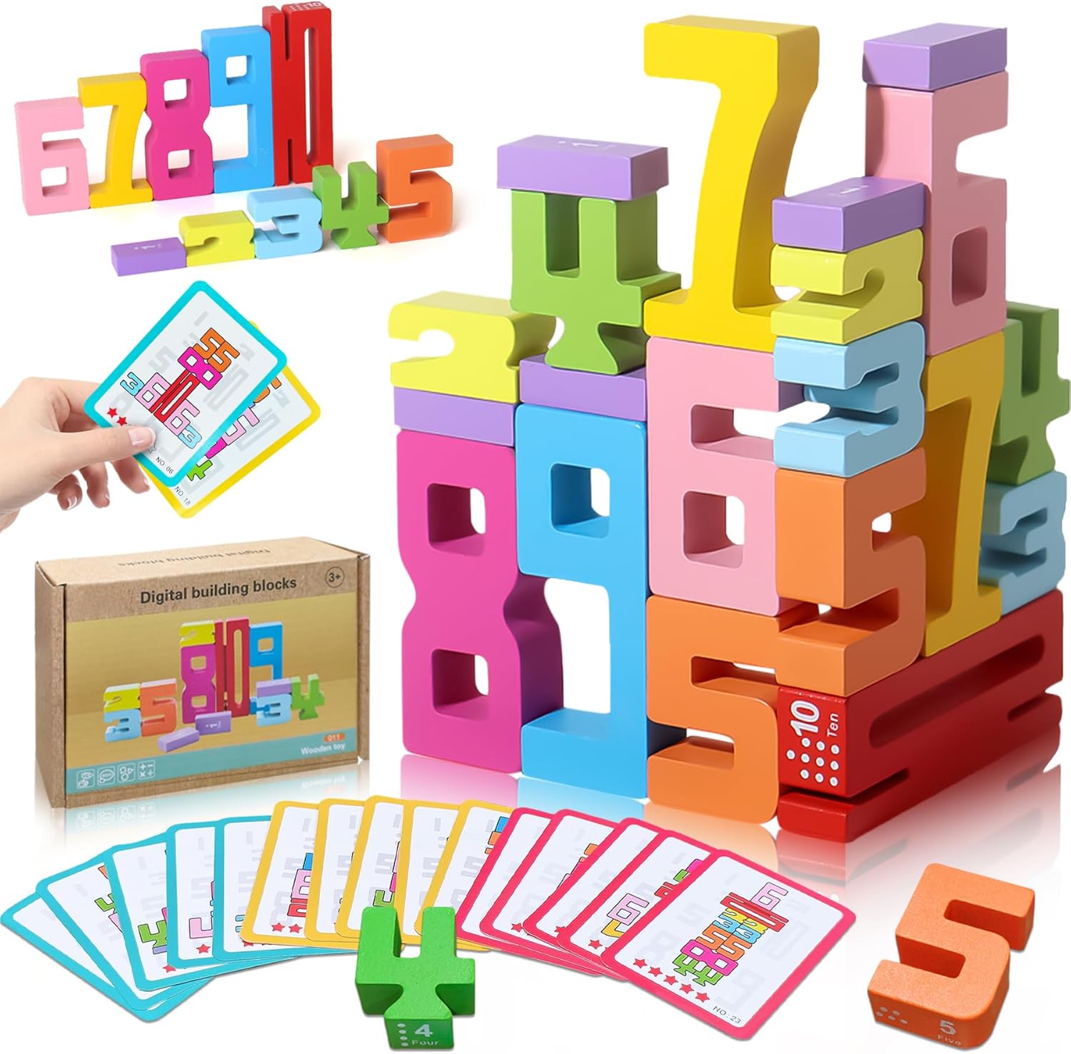 XPQKDC wooden number building blocks front view showing colorful digits one to ten for stacking.