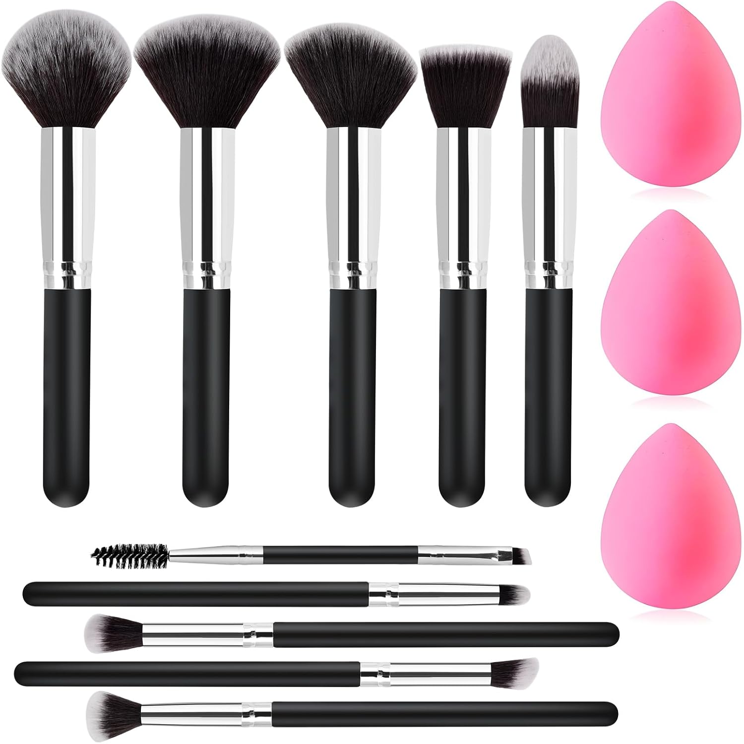 Zutcogo thirteen piece makeup brush set front view showing black handles and silver ferrules.