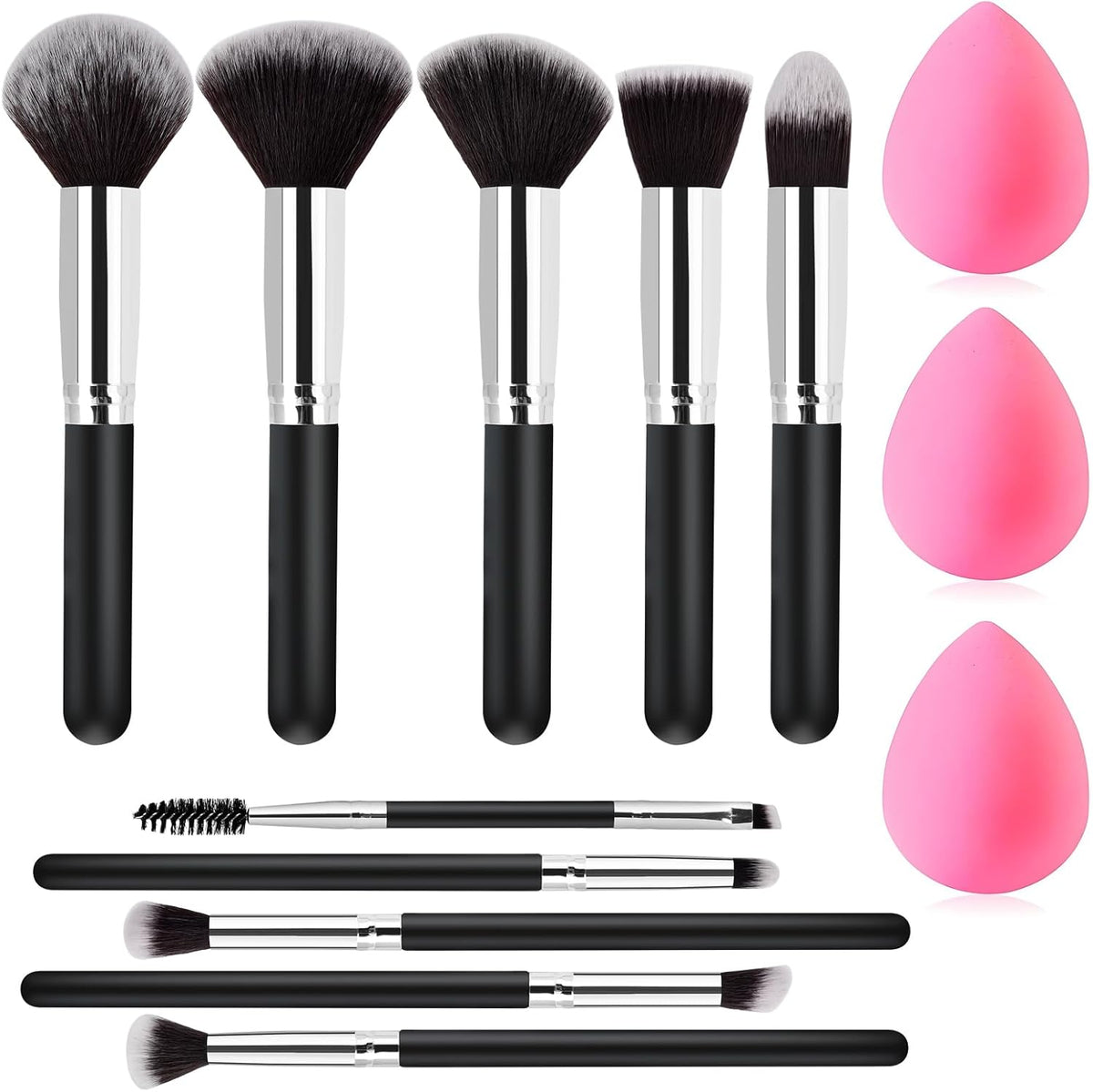 Zutcogo thirteen piece makeup brush set front view showing black handles and silver ferrules.