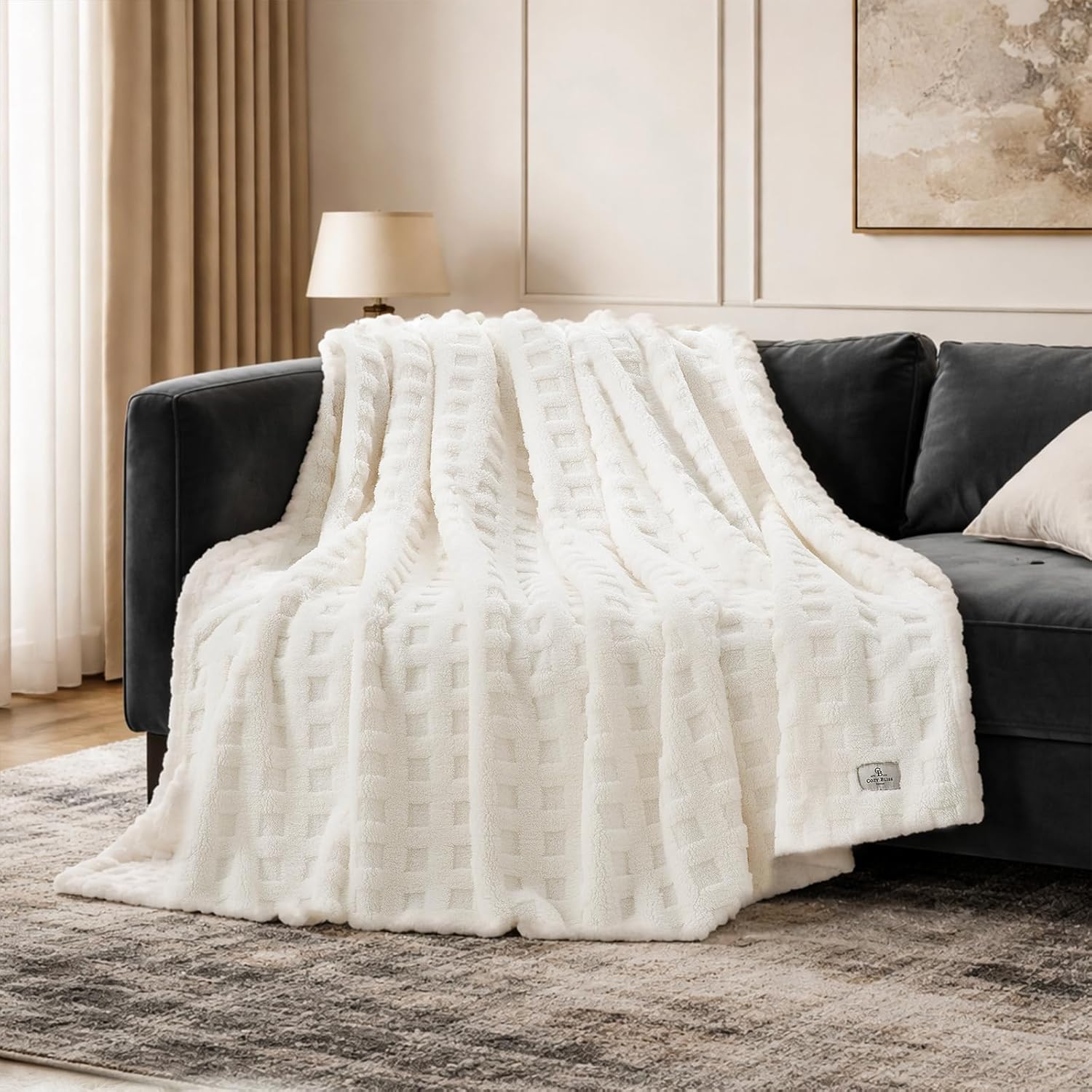 Cozy Bliss ultrasoft waffle throw blanket ivory front view